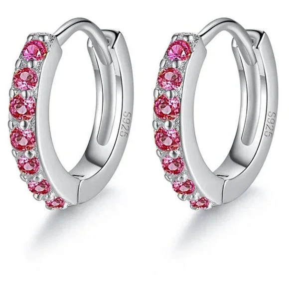 Small Different Colored CZ Diamond Huggy Loop Earrings,  925 Sterling Si… - Picture 4 of 5